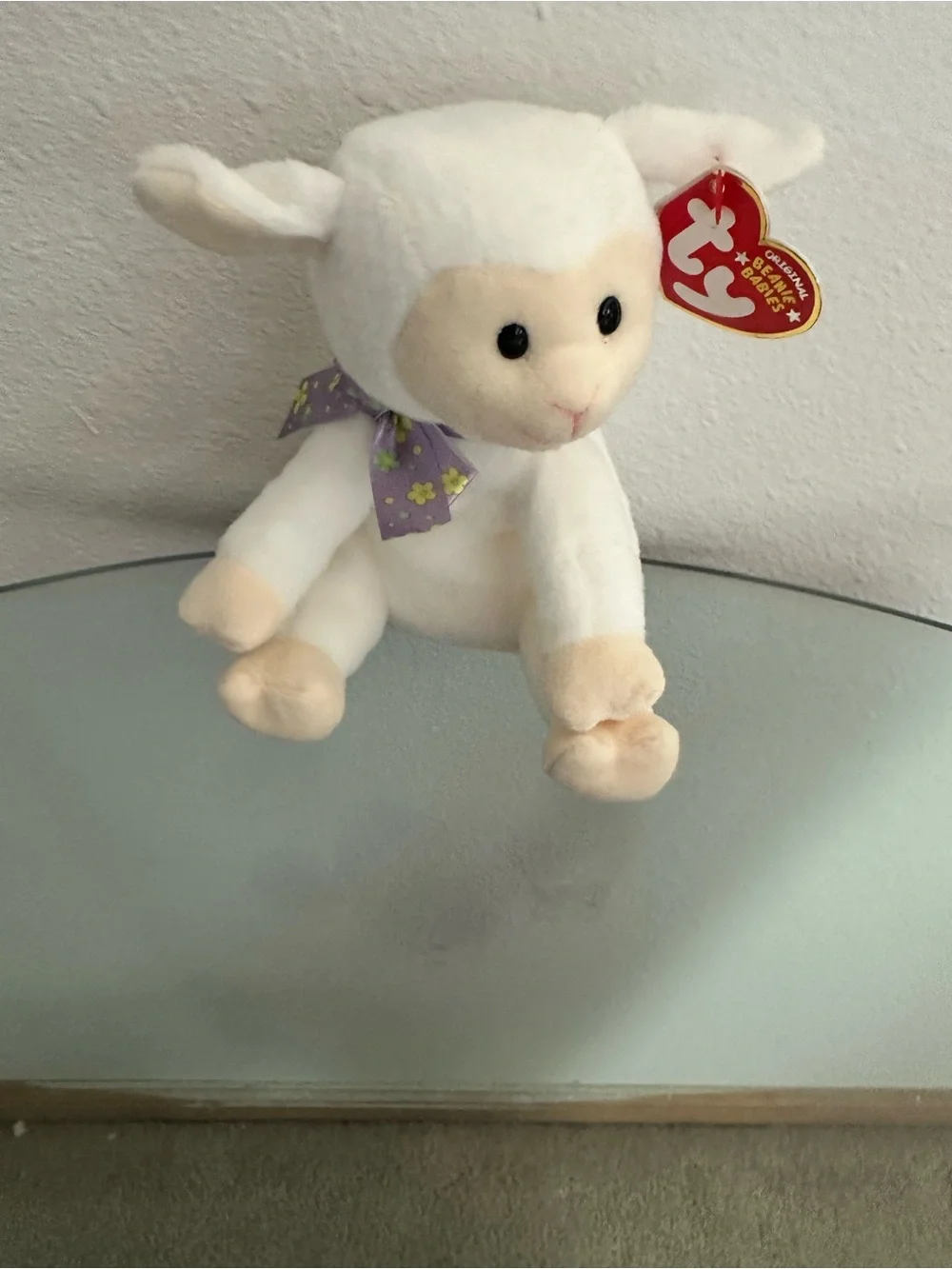 Ty Plush Lamb in White with Purple Floral Bow